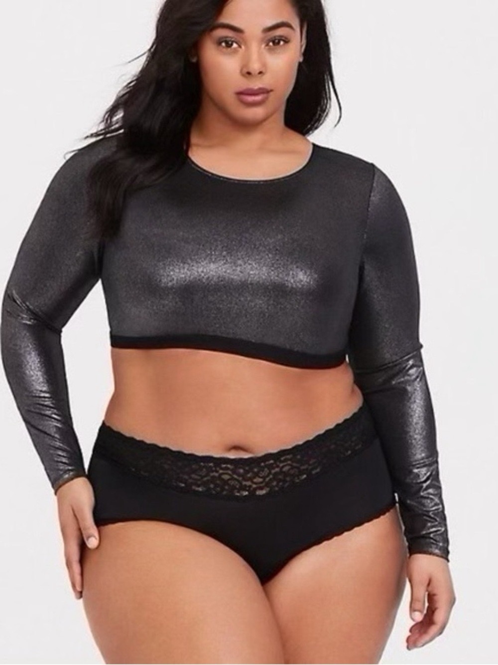 Torrid 1X Metallic Black Silver Shimmer Under It All Stretch Pullover Crop Top